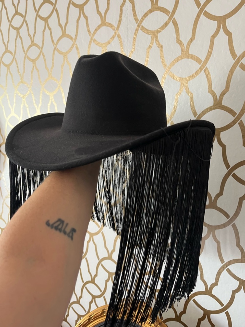 Black cowboy runway style fringe hat